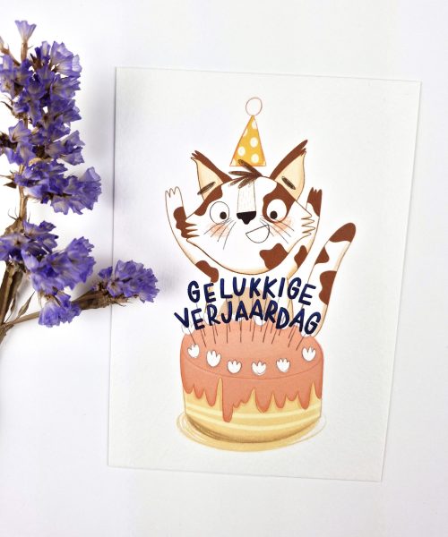 Kaartje Taart Kat "Gelukkige Verjaardag"